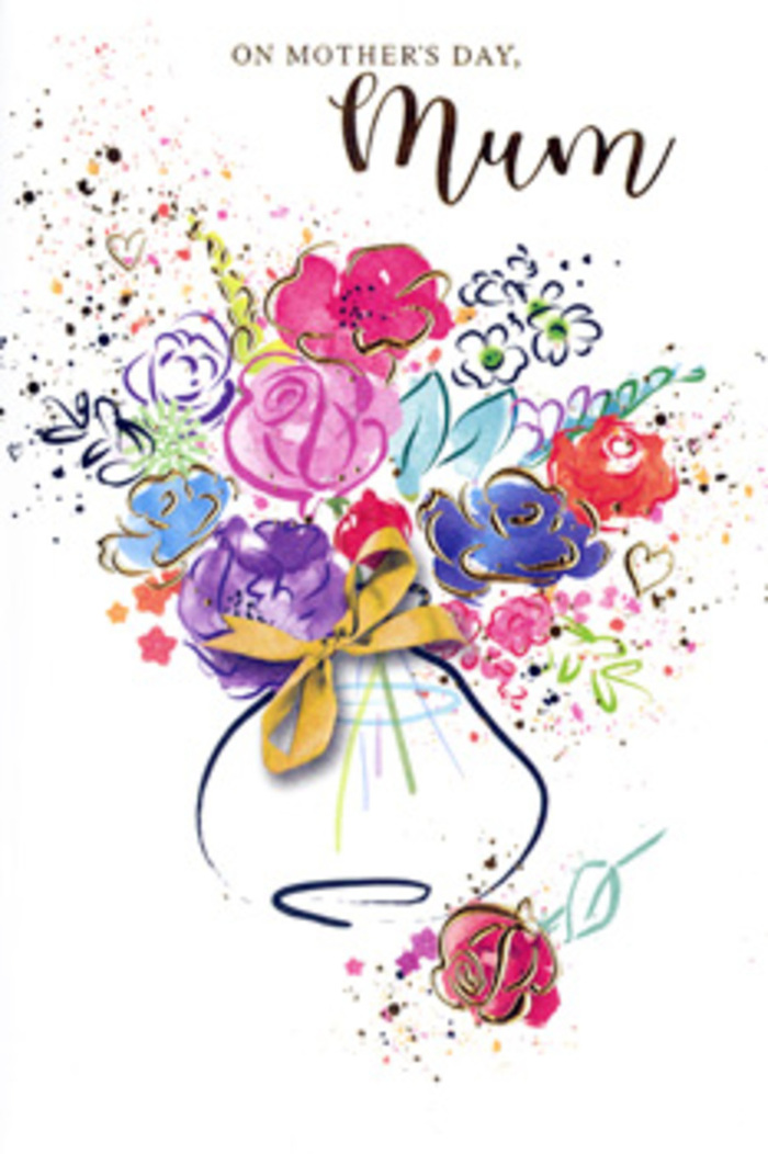 This watercolour Mother's Day card captures the warmth and ease of a stroll through Dulwich's tree-lined streets, translated into flowers on paper. The central bouquet is composed of richly painted pink and magenta roses, their petals layered and full, each one defined by inky indigo lines that rise and fall like the natural curves of living blooms. Interwoven among these roses are smaller flowers in gentle blue, lavender, and soft lilac, their cooler shades resting peacefully against the more vivid hues, creating an overall sense of balance and quiet joy. Fine threads of gold ink trace along the edges of some petals and leaves, sparkling subtly in places as if lit from within, reminiscent of sunshine breaking through clouds and lighting up the village-style shopfronts around Dulwich and Herne Hill. The background is mostly white and spacious, giving room for colour to splash and scatter. Flecks of paint, dainty hearts, and loose, organic strokes cluster at the edges of the bouquet like petals and confetti after a celebration, hinting at shared laughter, cherished stories, and the intimate comfort of a mother's long-standing love. At the bottom of the composition, a softly shaped vase, rendered in pale blues and lilacs, gathers the stems together. Around its middle, a suggestion of golden ribbon ties the whole arrangement with a sense of care and occasion, echoing how Dulwich Florist might finish a hand-tied bouquet bound for same-day delivery. The mood is gentle yet uplifting, a visual echo of walking home from the florist with flowers in hand and gratitude in your heart.