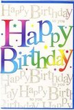 The birthday card pictured here exudes pure celebration, reminiscent of the cheerful, colourful shopfronts and tree-lined streets around Dulwich. At its centre, the greeting Happy Birthday is displayed in broad, confident letters, each one bathed in a radiant rainbow gradient. The colours slip gracefully from deep reds and bright corals through warm golden yellows, then into zesty greens, aquamarines, and bold blues, finally deepening into royal purples and soft violet tones. This flowing spectrum gives the impression of movement, much like watching a bouquet unfold from bud to full bloom. The typeface is modern and slightly rounded, lending a playful and approachable feel, perfect for sending fun and heartfelt wishes. Layered behind the multicoloured text, the background is filled with fine lines of golden cursive, repeating the words Happy Birthday to you in an elegant, continuous script. The metallic gold creates a quiet gleam, similar to the way morning light brushes across lawns in Dulwich Park, adding depth and sophistication to the overall look. Small, scattered touches of colour and delicate specks hover around the lettering, suggesting drifting confetti at a relaxed garden party near West Dulwich. The surface of the card looks sleek and smooth, emphasising the crispness of the design. Altogether, the image communicates joy, warmth, and celebration-a beautifully designed birthday card that would sit perfectly beside a fresh arrangement from a local Dulwich florist, ready to brighten any home and turn a simple greeting into a moment that feels genuinely festive and full of love.